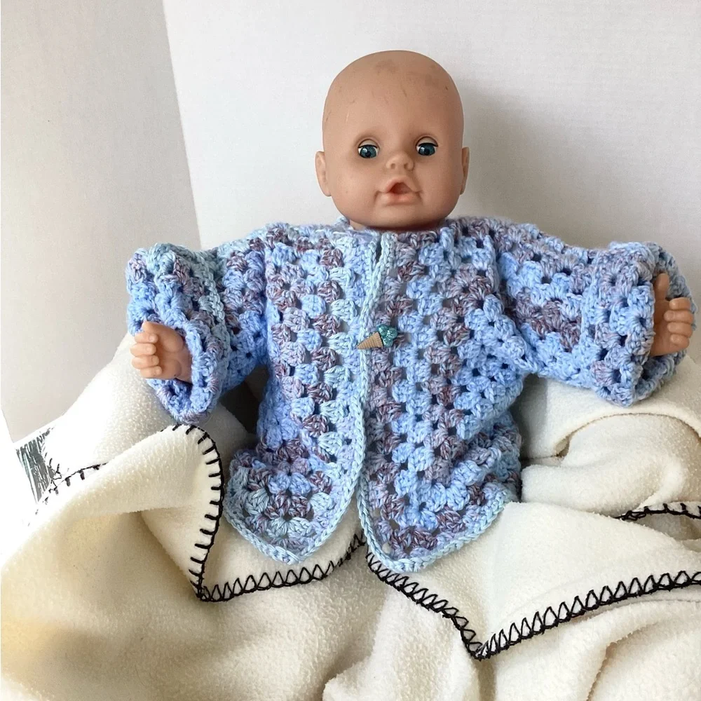 Sweater Beanie Hat Set Hand Crafted Baby Blue Tan Kimono